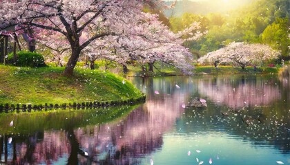 Canvas Print - asian garden with sakura trees and pond landscape with cherry blossom falling in lake with bokeh light springtime fine art background