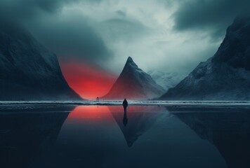 Wall Mural - a person standing in a lake with mountains in the background