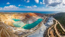 Aerial Panorama Of Skouriotissa Copper Mine In Cyprus With Ore Piles And Multicolored Pools