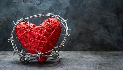 Poster - red heart is wrapped in barbed wire dark background concrete copy space