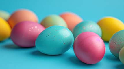Wall Mural -  a row of pastel colored eggs on a light blue background with speckles of pink, blue, yellow, and green on the top of the row is a row of pastel colored eggs.