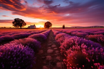 Wall Mural - Magic sunset over a lavender field., generative IA