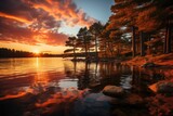 Fototapeta Na sufit - Golden sunset reflecting on a quiet lake., generative IA