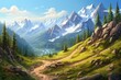 trail for hiking in the mountains. beautiful green valley in summer or spring with peaks view on sunny day illustration