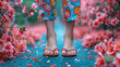 woman's feet in Japanese geta shoes, pink sakura flowers on the ground, spring, traditional shoes, national clothing, oriental style, Japan, sandals, flip-flops, girl, foot, legs