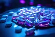 pills and capsules with blue purple neon light closeup in medical pharmaceutical laboratory. Science research. Looking for cure of cancer an autoimmune disease. Opioid painkiller crisis.