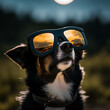 a dog looking at a total solar eclipse with protective glasses on. Reflection of the total solar eclipse in the glasses