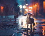 Fototapeta Do pokoju - Jesus runs for the lamb in the city