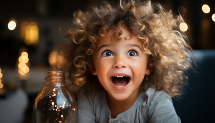 Poster - Cute child smiling, enjoying celebration, looking at camera, indoors generated by AI