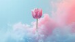  a single pink tulip in the middle of a cloud of pink and white smoke on a blue and pink background with a pink and blue sky in the background.