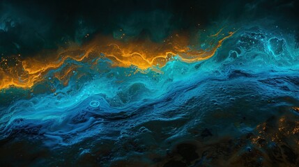 Wall Mural -  a painting of blue and yellow waves on a black background with a yellow light coming from the top of the wave and the bottom of the wave to the bottom of the picture.