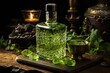 Rustic table with absinthe and spoon., generative IA