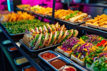 a table with sandwiches, salads, and trays of sauces