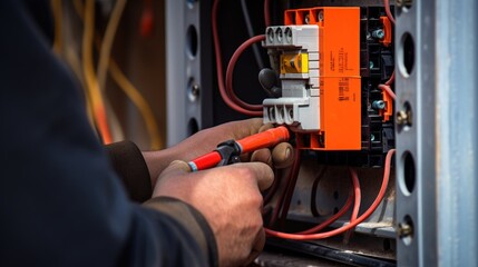 Poster - Close up detail of an electrician hands working with wires and fuse switch box.