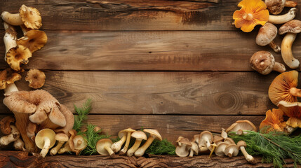 Poster - An array of assorted edible mushrooms displayed on a rustic wooden table, accompanied by green dill, showcasing the natural variety and beauty of autumn harvest.