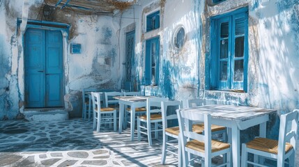 Greek culture with traditional white and blue greek architecture, taverna