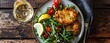 fish cutlet with a tasty garden salad and a glass of crisp white wine