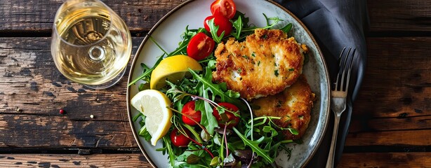 Wall Mural - fish cutlet with a tasty garden salad and a glass of crisp white wine