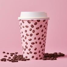 Coffee Cups On Pink Background With Pink Dot Pattern, In The Style Of Vray Tracing, Recycled