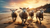 Fototapeta Sport - beautiful happy lambs running on beach at sunset 