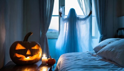 blurred ghost silhouette in bedroom window at night horror scene on halloween