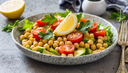 Wall Mural - chickpea diet salad with tomato avocado and lemon juice on concrete table