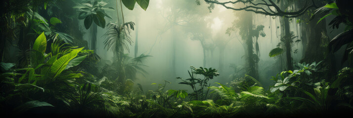 Background Deep forest tropical jungles of Southeast Asia with fog. Mystical amazon banner fantasy backdrop, Realistic nature rainforest