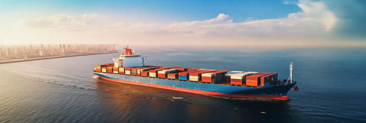 Wall Mural - Concept logistic banner, shipping export, import. Cargo maritime ship with container in water ocean, sunset