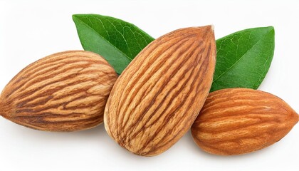 Wall Mural - almonds nuts with leaves isolated on white background with clipping path and full depth of field top view flat lay