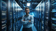 Confident IT engineer with glasses standing in server room data center arms crossed and smiling