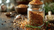  A Jar Filled With Spices Sitting On Top Of A Table Next To A Bowl Of Seasoning And A Pepper Shaker On Top Of A Table Next To A Bowl Of Spices.