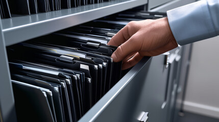 Sticker - A hand is shown pulling a file from an organized open filing cabinet drawer filled with labeled folders in an office setting.