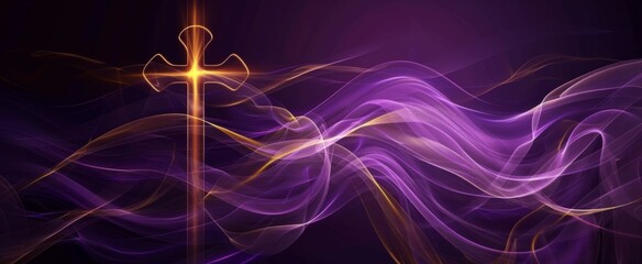 purple swirls with golden cross on the background with copy space Generative AI