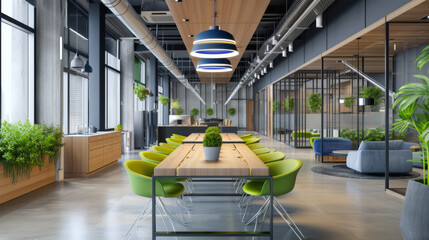 Wall Mural - modern office meeting room with a large wooden table, green chairs, and a green living wall, surrounded by glass partitions and adjacent office spaces.