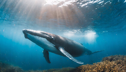 Poster - Blue whale under water in ocean.	
