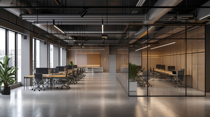 Wall Mural - modern office meeting room with a large wooden table, green chairs, and a green living wall, surrounded by glass partitions and adjacent office spaces.