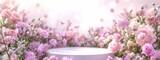 Fototapeta Natura - Podium background flower rose product pink 3d spring table beauty stand display nature white. Garden rose floral summer background podium cosmetic valentine easter field scene gift purple day romantic