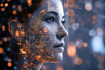 Wall Mural - Realistic Artificial intelligence. Computer mind connections head. Human 3D head with circuit board inside. Engineering concept. Technology web background. Virtual concept