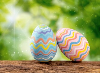 Sticker - Easter concept. Colorful Easter eggs with natural background