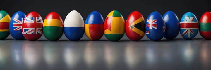 Easter eggs painted in the form of flags of different countries. Concept.