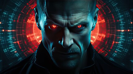 portrait of a crazy villain with red eyes on a futuristic background. the face of an angry man is fu