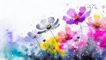 Wall Mural - Fond printanier coloré avec des cosmos sur fond blanc