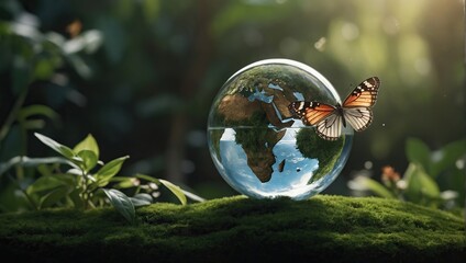 Wall Mural - Globe Glass on greenery with butterfly