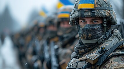 Wall Mural - Ukrainian military holds the flag of Ukraine. The concept of victory.