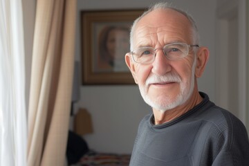 Wall Mural - Smiling senior  man posing inside a room looking at the camera