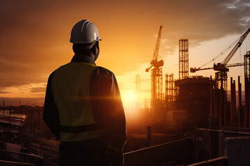 A civil engineering worker looks at the site in the sunrise