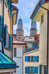 Sticker - The view on Grossmünster throught old houses, Zürich, Switzerland