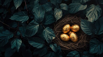 Wall Mural -  four golden eggs in a bird's nest on top of a green leafy branch with dark green leaves on the other side of the nest is a dark green leafy branch.