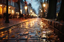 Reflexes Of Rain On Parallelepiped Sidewalks In Night Light., Generative IA