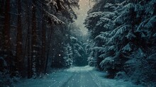  A Snowy Road In The Middle Of A Forest With Snow Flakes On The Trees And Snow Flakes Falling Off Of The Tops Of The Tops Of The Trees.